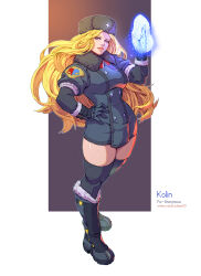 1girl ass black_gloves black_thighhighs blonde_hair blue_eyes boots breasts buttons character_name coat eyebrows eyelashes fur_hat fur_trim gloves hand_on_own_hip hat ice kolin lips long_hair rejean_dubois solo standing street_fighter street_fighter_v thick_lips thick_thighs thighhighs thighs twitter_username ushanka wavy_hair winter_clothes winter_coat zettai_ryouiki