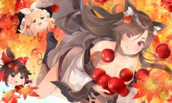 Rule 34 | 1girl, animal ears, apple, autumn leaves, bare shoulders, black hat, blush stickers, bow, breasts, brown hair, cleavage, closed mouth, collarbone, dress, fingernails, food, fruit, hair bow, hair ornament, hair tubes, hakurei reimu, hat, hat bow, holding, holding food, holding fruit, imaizumi kagerou, kirisame marisa, large breasts, leaf hair ornament, long fingernails, long hair, long sleeves, looking at viewer, nail polish, red bow, red eyes, shin (new), smile, touhou, white bow, wide sleeves, witch hat, wolf ears, yukkuri shiteitte ne