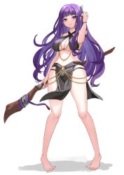 Rule 34 | 1girl, bare legs, bare shoulders, barefoot, breasts, chain, criss-cross halter, fern (sousou no frieren), full body, halterneck, highres, large breasts, long hair, looking at viewer, midriff, navel, pelvic curtain, purple eyes, purple hair, solo, sousou no frieren, staff, ten-chan (eternal s)