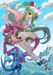 Rule 34 | 1girl, bad id, bad twitter id, bare legs, bracelet, cape, cloud, dragon, dress, fire emblem, fire emblem: mystery of the emblem, fire emblem heroes, full body, gloves, green eyes, green hair, hair ornament, hair ribbon, jewelry, kero sweet, long hair, looking at viewer, nintendo, open mouth, panties, pointy ears, ponytail, ribbon, smile, soles, solo, tiara, tiki (fire emblem), tiki (young) (fire emblem), underwear, very long hair, water