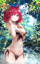 Rule 34 | 1girl, alternate costume, bandages, bikini, black bikini, bow, breasts, cleavage, collarbone, flower, hair bow, hand in own hair, hand on own chest, highres, large breasts, looking at viewer, md5 mismatch, mikoma sanagi, red eyes, red hair, sekibanki, side-tie bikini bottom, solo, sunlight, swimsuit, touhou, water, wet, wet hair