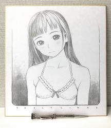 Rule 34 | 1girl, :|, absurdres, art tools in frame, bare shoulders, bikini, blunt bangs, border, breasts, closed mouth, collarbone, english text, expressionless, frilled bikini, frills, graphite (medium), greyscale, head tilt, highres, long hair, looking at viewer, mechanical pencil, monochrome, murata range, original, pencil, shikishi, small breasts, solo, straight hair, swimsuit, traditional media, upper body