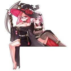 Rule 34 | 2girls, absurdres, anklet, barefoot, black dress, black hat, breasts, collar, commentary, dress, glasses, hat, highres, holding, holding own arm, holding staff, hololive, hololive english, invisible chair, jadea5124, jewelry, knees up, large breasts, long hair, looking at viewer, mama mori, mature female, mori calliope, mori calliope (1st costume), multiple girls, no shoes, pink hair, red eyes, side slit, single thighhigh, sitting, skull staff, spiked collar, spikes, staff, thighhighs, veil, virtual youtuber, witch hat