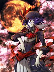 Rule 34 | 1girl, alternate costume, arikanrobo, ascot, brooch, cowboy shot, dress, green gemstone, evil smile, gem, hat feather, highres, jewelry, long sleeves, moon, parted lips, purple dress, purple hair, red eyes, remilia scarlet, smile, solo, standing, touhou