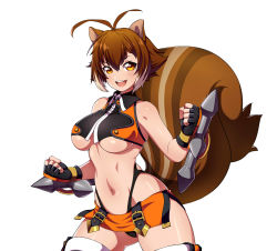 Rule 34 | 1girl, animal ears, bare shoulders, black gloves, blazblue, breasts, brown hair, commentary, fingerless gloves, gloves, highres, large breasts, looking at viewer, makoto nanaya, open mouth, short hair, skirt, smile, solo, squirrel ears, squirrel girl, squirrel tail, tail, thighhighs, underboob, video game, weapon, zeshgolden