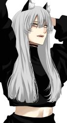 Rule 34 | 1girl, animal ear fluff, animal ears, arms up, black choker, black sweater, cat ears, cat girl, choker, commentary, fangs, grey eyes, grey hair, hair between eyes, highres, hoshi san 3, long hair, long sleeves, looking at viewer, midriff, original, parted lips, simple background, solo, sweater, teeth, upper teeth only, white background