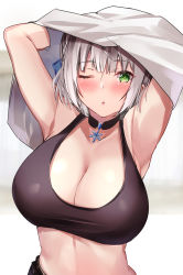 Rule 34 | 1girl, ;o, absurdres, akazawa kureha, armpits, arms up, blush, breasts, cleavage, commentary request, green eyes, grey eyes, highres, hololive, large breasts, looking at viewer, one eye closed, open mouth, shirogane noel, shirogane noel (casual), short hair, snowflake choker, solo, sports bra, undressing, upper body, virtual youtuber