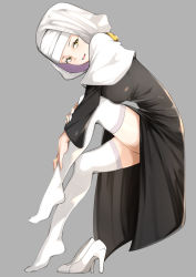 Rule 34 | 1girl, black dress, breasts, commentary request, dress, fate/grand order, fate (series), unworn footwear, from side, full body, grey background, habit, high heels, highres, invisible chair, leaning forward, leg up, long sleeves, looking at viewer, looking to the side, medium breasts, nun, parted lips, sessyoin kiara, shoes, unworn shoes, simple background, sitting, smile, solo, thighhighs, thighs, wan ban, white footwear, white thighhighs, yellow eyes