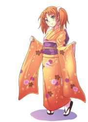 Rule 34 | 1girl, artist request, character request, copyright request, dress, female focus, floral print, flower, full body, green eyes, japanese clothes, kimono, red hair, sandals, short hair, solo, tagme, white background
