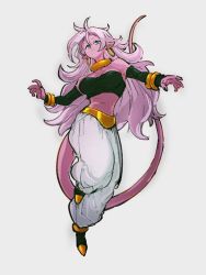 Rule 34 | 1girl, android 21, bare shoulders, black nails, black tube top, blue eyes, breasts, closed mouth, colored skin, dragon ball, dragon ball fighterz, earrings, full body, hoop earrings, jewelry, kemachiku, long hair, majin android 21, midriff, nail polish, navel, pants, pink hair, pink skin, pointy ears, solo, strapless, tail, tube top, white pants