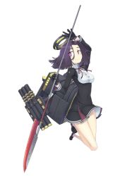 Rule 34 | 10s, 1girl, ayaki, bad anatomy, bad perspective, breasts, dress, full body, glaive (polearm), gloves, halo, kantai collection, mechanical halo, medium breasts, mole, mole under eye, official art, personification, polearm, purple eyes, purple hair, school uniform, short hair, smile, solo, tatsuta (kancolle), torpedo, transparent background