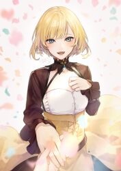 Rule 34 | 1girl, 1other, blonde hair, brown skirt, ceres (shuuen no virche), disembodied hand, grey eyes, hand on own chest, highres, holding hands, long sleeves, open mouth, pov, shirt, short hair, shuuen no virche, skirt, smile, white background, white shirt, yasaimorimog, yellow corset