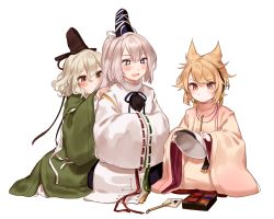 Rule 34 | 3girls, bento, blonde hair, blue eyes, commentary request, green eyes, green hair, green kimono, hair between eyes, hat, highres, holding, japanese clothes, kimono, long sleeves, mononobe no futo, multiple girls, pointy hair, pom pom (clothes), ponytail, seiza, shan, short hair, silver hair, simple background, sitting, soga no tojiko, star-shaped pupils, star (symbol), swept bangs, symbol-shaped pupils, tate eboshi, touhou, toyosatomimi no miko, white background, wide sleeves, yellow eyes
