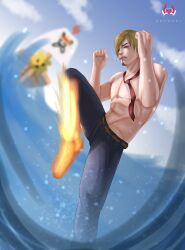 Rule 34 | 1boy, absurdres, artdoki, artist name, asymmetrical bangs, blonde hair, cigarette, clenched hand, curly eyebrows, facial hair, fire, hair over one eye, highres, necktie, ocean, one piece, realistic, red necktie, sanji (one piece), ship, short hair, signature, smoking, solo, stubble, topless male, watercraft