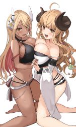 Rule 34 | 2girls, :d, absurdres, anila (granblue fantasy), anila (summer) (granblue fantasy), bikini, blonde hair, blush, breast press, breasts, colored inner hair, dark-skinned female, dark skin, draph, embarrassed, flower, ganesagi, granblue fantasy, hair flower, hair ornament, highres, horns, interlocked fingers, kneeling, kumbhira (granblue fantasy), kumbhira (summer) (granblue fantasy), large breasts, long hair, looking at viewer, multicolored hair, multiple girls, open mouth, pointy ears, red hair, sheep horns, smile, swimsuit, symmetrical docking, yellow eyes