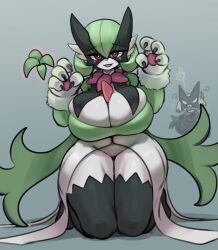 Rule 34 | 2girls, angry, animal hands, breasts, bright pupils, colored skin, creatures (company), curvy, entangled, eyelashes, female focus, full body, furry, furry female, fusion, game freak, gardevoir, gen 3 pokemon, gipehtyboo, green hair, grey background, half-closed eyes, highres, huge breasts, kneeling, looking at viewer, mask, meowscarada, multiple girls, nintendo, no humans, open mouth, paw pose, people, pokemon, red eyes, shadow, shiny skin, simple background, smile, thick thighs, thighs, white pupils, white skin, wide hips