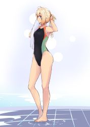 Rule 34 | 1girl, absurdres, ahoge, barefoot, black one-piece swimsuit, blonde hair, blue eyes, cevio, competition swimsuit, female focus, full body, highleg, highleg swimsuit, highres, holding, holding hair, long hair, looking at viewer, nib pen (medium), one-piece swimsuit, one (cevio), solo, standing, swimsuit, tile floor, tiles, towel, traditional media, white background, white towel, zooanime