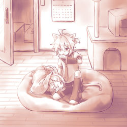 Rule 34 | 1boy, 1girl, ahoge, animal ears, black collar, black shorts, brother and sister, calendar (object), cat ears, cat tail, cat tower, collar, commentary, cushion, detached sleeves, haine koko, hair ornament, hairclip, indoors, kagamine len, kagamine rin, knee up, lap pillow, leg warmers, licking, lying, monochrome, necktie, on side, paw pose, paw print, room, sailor collar, school uniform, shirt, short hair, short ponytail, short sleeves, shorts, siblings, sitting, swept bangs, tail, twins, vocaloid, white shirt, wide shot, wooden floor