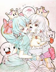 Rule 34 | 2018, 2girls, aqua hair, artist name, ass grab, blush, boo (mario), bow, bow (paper mario), breasts, brooch, cleavage, colored eyelashes, crown, dated, drill hair, earrings, fingernails, folding fan, furrowed brow, ghost, hair between eyes, hair bow, hand fan, holding, holding fan, jewelry, large breasts, long hair, luigi&#039;s mansion, mario (series), multiple girls, nail polish, new super mario bros. u deluxe, nintendo, open mouth, paper mario, paper mario 64, princess king boo, puffy short sleeves, puffy sleeves, red bow, red eyes, red nails, sharp teeth, short sleeves, small breasts, super crown, teeth, tongue, tongue out, traditional media, tsukihi (tsukihin), twin drills, white hair, yuri