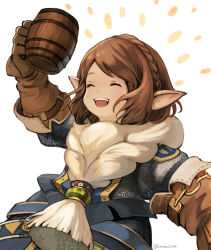 Rule 34 | 1girl, beer mug, blush, braid, brown hair, cup, final fantasy, final fantasy xiv, french braid, giott, gloves, lalafell, mug, muraicchi (momocchi), open mouth, parted bangs, pointy ears, short hair, simple background, solo