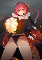 Rule 34 | 1girl, absurdres, black cape, black panties, breasts, c-ongc, cape, claws, cleavage, cowboy shot, dragon claw, dragon girl, dragon horns, dragon tail, fang, gigantic breasts, glowing, grey background, highres, horns, ilulu (maidragon), kobayashi-san chi no maidragon, panties, red eyes, shadow, skindentation, solo, sparks, tail, underwear