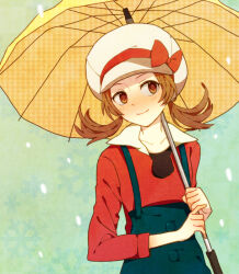 Rule 34 | 1girl, blue overalls, bow, brown eyes, brown hair, cabbie hat, closed mouth, collarbone, creatures (company), game freak, hat, holding, holding umbrella, looking at viewer, low twintails, lyra (pokemon), nintendo, overalls, pokemon, pokemon hgss, red bow, red shirt, shirt, smile, twintails, umbrella, yellow umbrella, yukiguni (moaism)