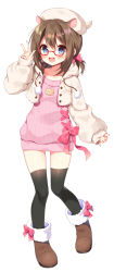 Rule 34 | 1girl, :d, animal ears, beret, black thighhighs, blue eyes, blush, boots, brown footwear, brown hair, collarbone, copyright request, cropped jacket, dress, fur-trimmed boots, fur trim, glasses, hair between eyes, hamster ears, hand up, hat, hood, hood down, hooded jacket, jacket, long hair, long sleeves, mauve, open clothes, open jacket, open mouth, pink sweater, puffy long sleeves, puffy sleeves, red-framed eyewear, ribbed sweater, semi-rimless eyewear, simple background, sleeves past wrists, smile, solo, sweater, sweater dress, thighhighs, under-rim eyewear, v, virtual youtuber, white background, white hat, white jacket