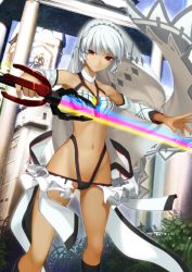 Rule 34 | 10s, 1girl, akisa yositake, altera (fate), bare shoulders, breasts, dark-skinned female, dark skin, energy sword, fate/extella, fate/extra, fate/grand order, fate (series), highleg, long hair, looking at viewer, midriff, navel, photon ray (fate), red eyes, short hair, solo, sword, veil, weapon, white hair