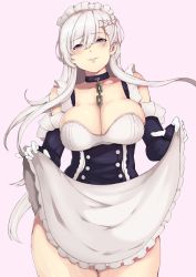 Rule 34 | 1girl, apron, azur lane, bare shoulders, belfast (azur lane), between breasts, blush, braid, breasts, chain, cleavage, clothes lift, collar, collarbone, corset, dress, dress lift, elbow gloves, french braid, frilled apron, frilled gloves, frills, gloves, grey background, hair between eyes, half-closed eyes, head tilt, highres, large breasts, lifted by self, maid, maid apron, maid headdress, mios1225, parted lips, purple eyes, side braid, silver hair, simple background, smile, solo, standing, thighs, waist apron, white apron, white gloves