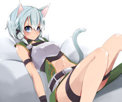 Rule 34 | 10s, 1girl, animal ears, arm strap, armor, blue eyes, blue hair, blush, breastplate, cat ears, full-face blush, highres, looking at viewer, matching hair/eyes, navel, pon (shind 997), short hair, sinon, sinon (sao-alo), sitting, solo, sword art online, tail, thigh strap, wariza
