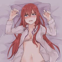 Rule 34 | 1girl, arms up, bed sheet, blush, bra, breasts, cleavage, embarrassed, hair between eyes, long hair, looking at viewer, lying, makise kurisu, midriff, navel, on back, open clothes, open mouth, open shirt, pillow, purple eyes, red hair, small breasts, steins;gate, underwear, upper body, wavy mouth, yugure