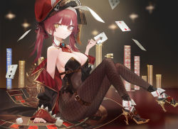 Rule 34 | 1girl, blush, breasts, card, detached collar, holding, holding card, hololive, houshou marine, leotard, long hair, looking at viewer, pantyhose, playboy bunny, playing card, quarter 1404, red eyes, red hair, ribbon, smile, solo, twintails, virtual youtuber, wrist cuffs, yellow eyes