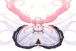 Rule 34 | 1girl, absurdres, angel wings, arms behind back, azur lane, bare shoulders, blush, breasts, cleavage, closed mouth, dress, full body, hair between eyes, hair ornament, highres, large breasts, long hair, looking down, maid headdress, perseus (azur lane), pink eyes, pink hair, seiza, sitting, siun, solo, twintails, very long hair, white background, white dress, wings