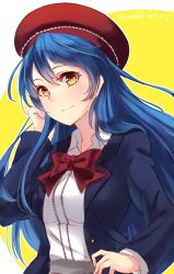 Rule 34 | 1girl, bai banca, beret, blue hair, closed mouth, commentary request, frills, hair between eyes, hand in own hair, hat, highres, jacket, long hair, looking at viewer, love live!, love live! school idol festival, love live! school idol project, open clothes, open jacket, red ribbon, ribbon, simple background, solo, sonoda umi, upper body, yellow eyes