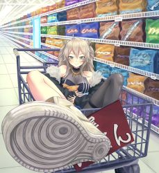 Rule 34 | 1girl, alternate eye color, animal ear fluff, animal ears, bag, black jacket, blue eyes, breasts, chips (food), cleavage, collarbone, food, foreshortening, fur trim, grey hair, hair between eyes, highres, holding, holding bag, hololive, jacket, lion ears, lion girl, medium breasts, nike (company), nike air force 1, off shoulder, potato chips, see-through, see-through cleavage, shishiro botan, shishiro botan (1st costume), shoe soles, shopping cart, single leg pantyhose, sitting, smile, solo, supermarket, thigh strap, to-bo e, torn clothes, torn legwear, virtual youtuber
