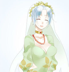 Rule 34 | 1girl, blue hair, braid, breasts, choker, cleavage, dress, closed eyes, futong jun, grune (tales), jewelry, necklace, open mouth, short hair, tales of (series), tales of legendia, veil