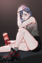 Rule 34 | 1girl, black footwear, black shorts, blue eyes, blue hair, box, brand name imitation, breasts, food, grey sweater, hievasp, highres, holding, holding box, in mouth, looking at viewer, medium breasts, nijisanji, nijisanji id, parted lips, pocky, shoes, shorts, siska leontyne, sitting, sleeveless, sleeveless sweater, sneakers, solo, sweater, virtual youtuber