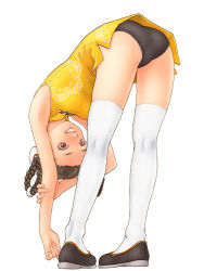 Rule 34 | 1girl, armpits, ass, bare shoulders, bent over, black eyes, black footwear, black hair, black panties, braid, breasts, china dress, chinese clothes, dress, face, grin, hands reach floor, highres, kneepits, kumazo, legs, original, panties, pigeon-toed, shoes, short dress, simple background, sleeveless, sleeveless dress, smile, solo, standing, thighhighs, thighs, twin braids, twintails, underwear, white background, white thighhighs, yellow dress
