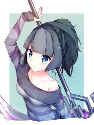 Rule 34 | 10s, 1girl, arm up, black hair, blue eyes, blunt bangs, blush, closed mouth, copyright name, dated, divine gate, looking at viewer, polearm, ribbed sweater, sidelocks, sleeves past wrists, solo, striped clothes, striped sweater, sweater, tousaki shirasu, twitter username, upper body, weapon