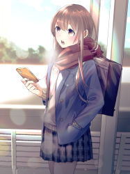 Rule 34 | 1girl, bag, blazer, blue jacket, blue skirt, blush, brown hair, bus stop, cardigan, cellphone, commentary request, gradient eyes, hand in pocket, highres, holding, holding phone, jacket, long hair, long sleeves, morning, multicolored eyes, open clothes, open jacket, open mouth, original, outdoors, phone, plaid, plaid skirt, purple eyes, red scarf, scarf, school bag, school uniform, skirt, smartphone, solo, teeth, yamamoto makuya, yellow cardigan, yellow eyes