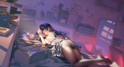 Rule 34 | 1girl, absurdres, artist name, ass, bed, black hair, black sailor collar, black skirt, book, book stack, breasts, brown pantyhose, clothes lift, drawing (object), feet, foot out of frame, from behind, headphones, headphones removed, highres, indoors, koi han, lamp, long hair, looking at viewer, looking back, lying, no shoes, on bed, on stomach, original, panties, panties under pantyhose, pantyhose, parted lips, pillow, sailor collar, school uniform, serafuku, shirt, short sleeves, skirt, skirt lift, solo, underwear, white panties, white shirt