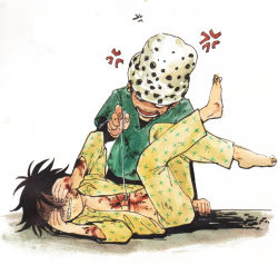 Rule 34 | 2boys, angry, black hair, blood, doctor, injury, male focus, medical, monkey d. luffy, multiple boys, needle, nut (sjtsla), one piece, open clothes, patient, sewing, stitches, surgery, thread, trafalgar law