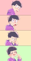 Rule 34 | 1boy, 4koma, ^ ^, bad id, bad pixiv id, chokota, closed eyes, comic, crying, crying with eyes open, from side, green background, half-closed eyes, hand up, hood, hood down, long sleeves, looking at viewer, looking away, looking back, looking to the side, male focus, matsuno ichimatsu, negative space, open mouth, orange background, osomatsu-kun, osomatsu-san, osomatsu (series), pink background, purple eyes, sad, silent comic, simple background, snot, snot trail, solo, tears, upper body, v-shaped eyebrows, wavy mouth, wide-eyed, wiping nose, wiping tears, yellow background