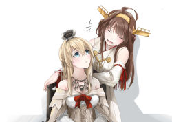Rule 34 | 10s, 2girls, ahoge, bare shoulders, blonde hair, blue eyes, blush, braid, corset, crown, detached sleeves, double bun, dress, french braid, frown, hairband, jewelry, kantai collection, kongou (kancolle), long hair, long sleeves, looking back, looking up, mini crown, multiple girls, necklace, nontraditional miko, off shoulder, pin.s, remodel (kantai collection), smile, warspite (kancolle), wheelchair, white background, white dress
