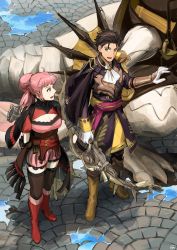 Rule 34 | 1boy, 1girl, absurdres, ascot, black capelet, black hair, black jacket, black pants, black thighhighs, boots, bow (weapon), breasts, capelet, claude von riegan, dragon, fire emblem, fire emblem: three houses, fire emblem warriors: three hopes, full body, fuufuunohou, gloves, green eyes, hair bun, highres, hilda valentine goneril, holding, holding bow (weapon), holding weapon, jacket, long hair, nintendo, open mouth, outdoors, pants, pink eyes, pink hair, pink shorts, red footwear, red shirt, shirt, short hair, shorts, side cape, smile, standing, thighhighs, weapon, white gloves, yellow footwear
