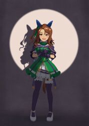Rule 34 | 1girl, animal ears, black thighhighs, brown hair, dress, ear covers, frilled thighhighs, frills, full body, garter straps, green dress, highres, horse ears, horse girl, horse tail, king halo (umamusume), layered dress, looking at viewer, medium hair, puffy short sleeves, puffy sleeves, red eyes, shadow, short sleeves, smile, solo, tail, thighhighs, u m4 p, umamusume, wavy hair, white footwear
