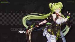 Rule 34 | 1girl, ai-chan (chrono navi) (honkai impact), ai-chan (honkai impact), bare shoulders, black headwear, breasts, chakram, character name, english text, fingerless gloves, gloves, green bracelet, green hair, highres, holding, holding weapon, honkai (series), honkai impact 3rd, large breasts, leggings, long hair, looking at viewer, official art, official wallpaper, one eye closed, open mouth, standing, upper body, weapon