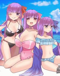 Rule 34 | 3girls, bare shoulders, bb (fate), bikini, black bikini, blue eyes, blush, bow, breasts, choker, claws, cleavage, collarbone, fate/extra, fate/extra ccc, fate/grand order, fate (series), frilled bikini, frills, hair ribbon, hotaru (candy), huge breasts, large breasts, long hair, looking at viewer, meltryllis (fate), multiple girls, navel, one-piece swimsuit, one eye closed, passionlip (fate), pink eyes, pink ribbon, purple eyes, purple hair, ribbon, side-tie bikini bottom, small breasts, smile, string bikini, swimsuit, thighs, very long hair