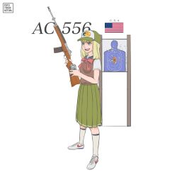 Rule 34 | 1girl, absurdres, american flag, artist logo, artist name, baseball cap, blonde hair, blue eyes, blue sailor collar, blue socks, bow, bowtie, brown sweater, commentary, commentary request, cross-laced footwear, english commentary, full body, green hat, green skirt, gun, hat, highres, holding, holding photo, kneehighs, logo, looking at object, medium hair, mixed-language commentary, nike (company), open mouth, original, photo (object), pink bow, pink bowtie, pleated skirt, print headwear, product placement, puto trash, rifle, ruger mini-14, sailor collar, shirt, shoes, simple background, single stripe, skirt, socks, solo, standing, striped, sweater, target practice, teeth, tongue, tongue out, two-tone headwear, two-tone socks, weapon, weapon name, white background, white footwear, white hat, white shirt, white socks, white stripes