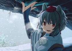Rule 34 | 1girl, animal ears, arm up, breath, bridal gauntlets, cave, detached sleeves, fangs, female focus, hat, highres, inubashiri momiji, open mouth, red eyes, short hair, silver hair, snow, snowing, solo, takuzui, tokin hat, touhou, trap door, wolf ears